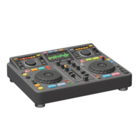 This grey DJ controller features knobs, sliders, buttons, and a screen to assist with creating music. png