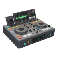 A grey dj controller with multiple buttons and a speaker displays an audio waveform on its screen for music production. png