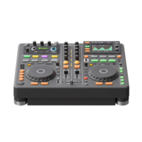 A black DJ mixing controller features knobs, sliders, a display screen showing sound waves, and several buttons, making it a comprehensive audio mixing tool. png