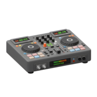 A gray DJ mixer with various buttons, knobs, and controls sits on a white background for mixing music. png
