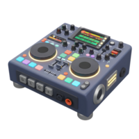 The DJ controller features an illuminated screen, knobs, buttons, jog wheels, and inputs, perfect for creating and mixing music. png