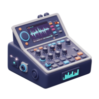 This cartoon-style sound mixer has numerous knobs and buttons for audio control with an illuminated screen, often used in professional recording studios. png