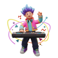 A cartoon DJ with colorful hair and headphones is playing music on a mixer while surrounded by abstract shapes, and it is suitable for entertainment or music-themed projects. png