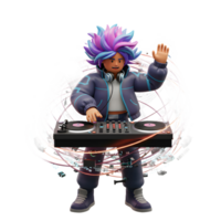 Cartoon style DJ character mixes music on a turntable while surrounded by glowing, floating tech elements, creating a futuristic and energetic image for entertainment. png