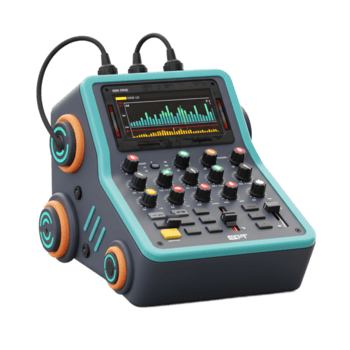 This blue and gray audio mixer features a screen displaying a waveform, numerous knobs and faders for precise control, and cables for connecting to other devices, typically used for music production. png