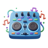 A blue DJ mixer with knobs, faders, and music notes surrounding it creates a fun atmosphere for music production. png