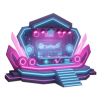 A futuristic stage with neon lights and digital displays creates a modern and vibrant atmosphere for performances. It is ideal for concerts, presentations or shows. png
