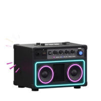 A black speaker with neon lights around two visible speakers emits sound waves, likely used for music or audio amplification. png