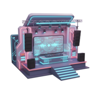 A futuristic stage setup with a large monitor, speakers, neon accents, and dj controller creates a vibrant and high-tech environment for performance and entertainment. png