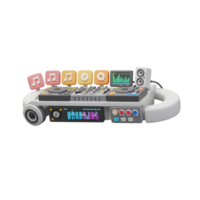 A 3D render of a DJ mixer with turntables, equalizer, and speaker can be used to create electronic music. png