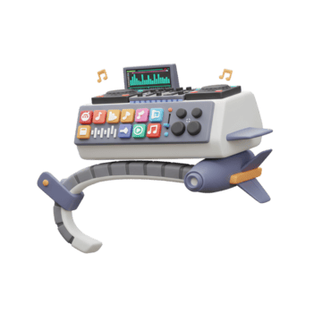 un' futuristico dj consolle con un' schermo, manopole, e musicale App icone galleggia con musicale Appunti, Perfetto per la creazione di un' dinamico e moderno Audio Esperienza. png