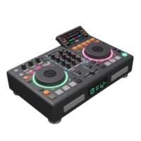 A gray DJ mixer features a screen, knobs, buttons, sliders, and illuminated turntables, making it ideal for creating and manipulating audio for live performances or studio recordings. png