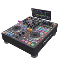 A black DJ mixer features two turntables, multiple buttons and knobs, and a screen displaying audio wave forms for mixing music. png