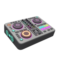 A gray DJ mixer with colorful knobs, buttons, and sliders is shown in a digitally rendered image, ideal for music production or performance. png