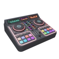 A black DJ controller features colorful buttons, displays, knobs, and sliders, often used for mixing and producing music. png