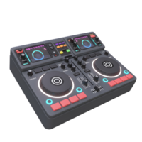 A gray DJ controller features multiple knobs, buttons, screens, and faders, designed for mixing and manipulating audio. png