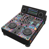 This black DJ controller features a colorful patterned design, a screen with waveform displays, and jog wheels for mixing music, offering a professional setup for DJs. png