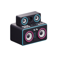 A black stereo speaker system with pink and blue accents, stacked with a smaller speaker on top, can be used for listening to music. png