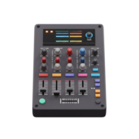 A black audio mixer features colorful knobs, faders, and level meters for adjusting sound, often used in music production and live performances. png