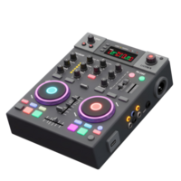 A DJ mixer controller features numerous knobs, buttons, sliders, jog wheels and a LED display, commonly used for mixing audio, controlling sound levels, and creating unique sound effects. png