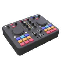 A black DJ mixer with colorful buttons and several knobs and faders sits on a white background, ready for mixing music. png