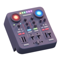 This is a 3D rendering of a DJ mixer with glowing lights, buttons, knobs, and faders, commonly used for mixing music and creating sound effects. png