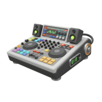 A close-up image shows a DJ mixer with colorful buttons, turntables, small speakers, and a screen displaying a sound wave for creating music. png