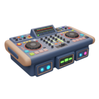 This 3D render features an electronic music mixer with knobs, buttons, and lights, designed to create beats. png