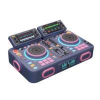 This is a stylized DJ mixer featuring turntables, equalizers, and screens, designed for mixing and creating music. png