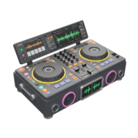 A digital DJ mixer features turntables, sliders, knobs, buttons, speakers, and display screens used to produce music. png