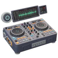 A DJ mixer with screens, knobs, buttons, and a speaker allows for music production and performance. png