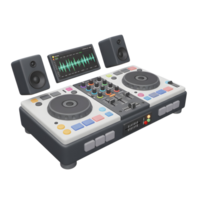 A dj controller features a screen, speakers, knobs, and buttons for creating music and playing audio. png
