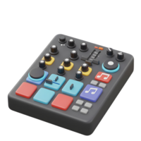 This is an audio mixer with colorful buttons, knobs, and a slider for controlling sound levels and creating music compositions. png