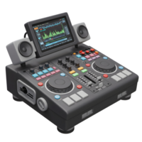 A gray DJ mixer is shown with a screen displaying audio waveforms, side speakers, and various buttons, sliders, and knobs for controlling music mixing and playback. png