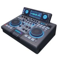 A gray DJ mixer controller with glowing blue accents features turntables, sliders, knobs, buttons, and a screen for mixing music and performing live sets. png
