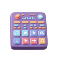 A purple dashboard features an assortment of colorful buttons and controls, suggesting interactive functionality for various digital applications. png