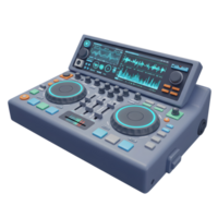 This DJ mixer with turntable and sliders is used to create audio effects for mixing and producing music. png
