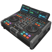 A DJ controller featuring screens, faders, knobs, and pads can be used to mix and manipulate audio files for live performances. png