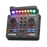 A DJ mixer features multiple knobs, buttons, and sliders to control audio signals, allowing users to blend and manipulate music for live performances or recordings. png