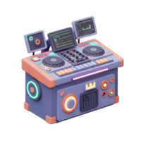 A stylized dj console with multiple screens, knobs, and a turntable helps a professional in music production. png