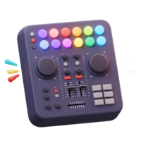 This DJ mixer features an array of colorful illuminated buttons, knobs, and faders for creating and manipulating music. png