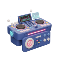 A blue 3D rendering of a DJ mixer with knobs and displays is presented, and it can be used for music creation. png