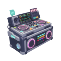 Cartoon DJ mixer features turntables, screen, buttons, knobs, speaker and vibrant colors, ideal for creating energetic music and entertainment. png