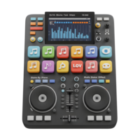 A black DJ controller with colorful buttons, mixer knobs, a display showing music levels, and turntable circles is used for mixing music and creating unique sounds. png