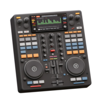 A black DJ mixer is shown with an equalizer display, buttons, knobs, and faders, used for professional audio mixing. png