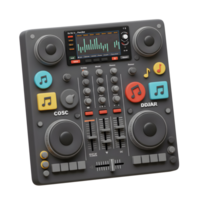 A black DJ controller with various knobs, buttons, sliders and music note decorations is shown in this image, which can be used to create mixes and manipulate sounds. png