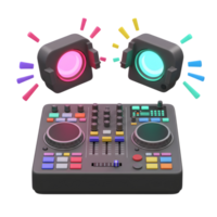 A DJ mixer with two speakers, lights emitting from the speakers, suggests entertainment and professional audio setup for music performance. png