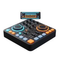 A DJ controller with an audio meter is used to create music by mixing sound. png