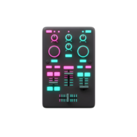 This is a colorful DJ audio mixer with knobs and faders, ideal for music mixing and live performances in a studio. png