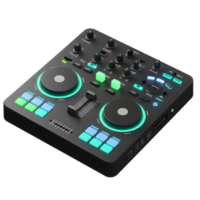 A sleek black DJ controller is displayed with multiple knobs, buttons, and lit elements for creating electronic music. png